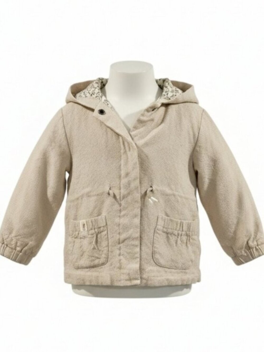 Zara Baby Hooded Beige Cotton Jacket Floral Lining Spring Fall SZ 2-3 Years